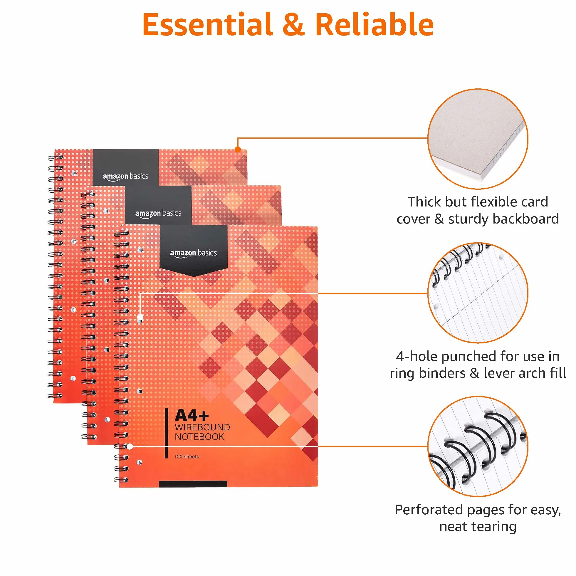 Amazon Basics Cahier à reliure spirale A4+ 100 feuilles 80 g/m² lot de 3 Rouge
