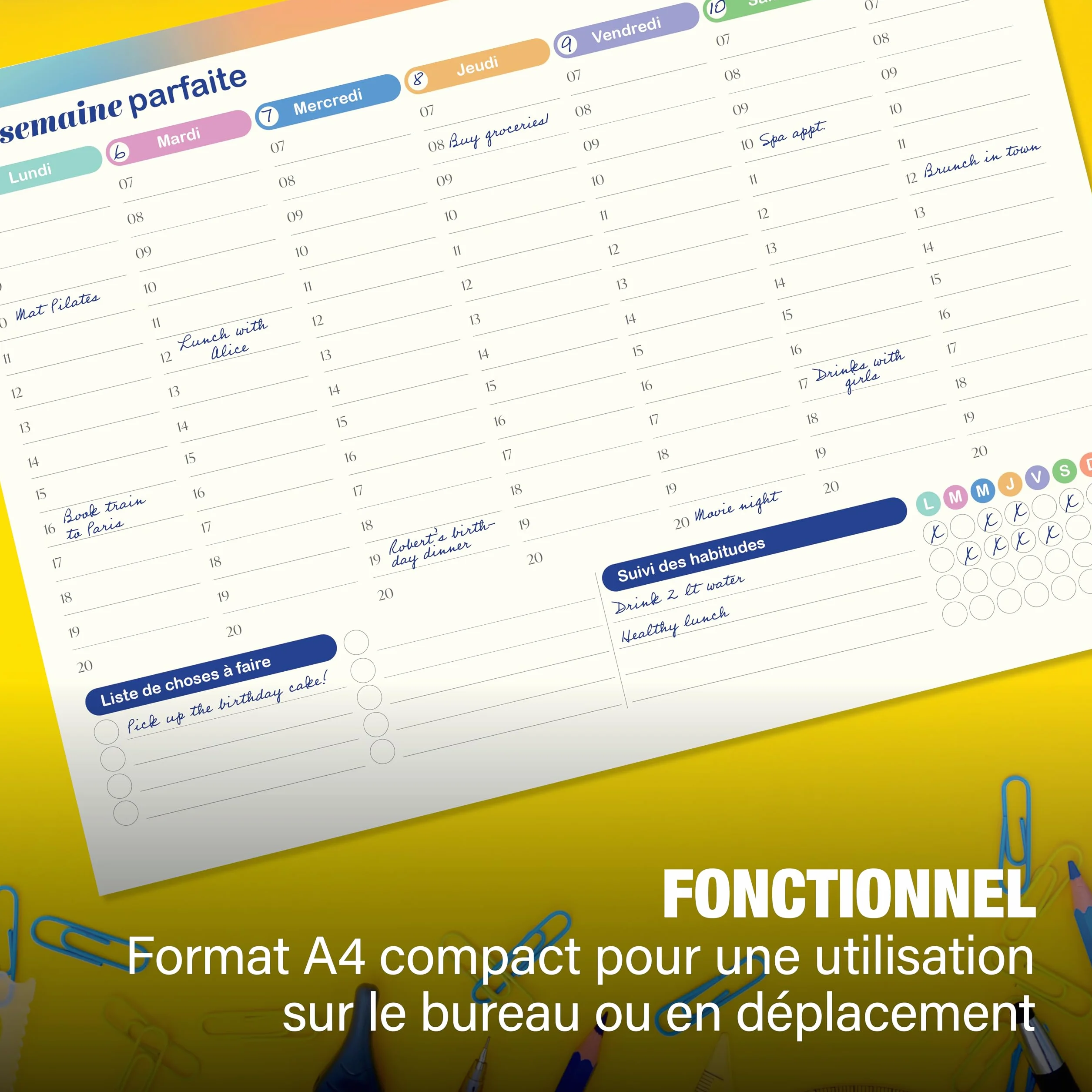 Lot de 50 feuilles de planificateur hebdomadaire A4 29,7 x 21 cm - Sous-main de bureau - Liste des tâches - Suivi des habitudes - Sans date fixe (français)