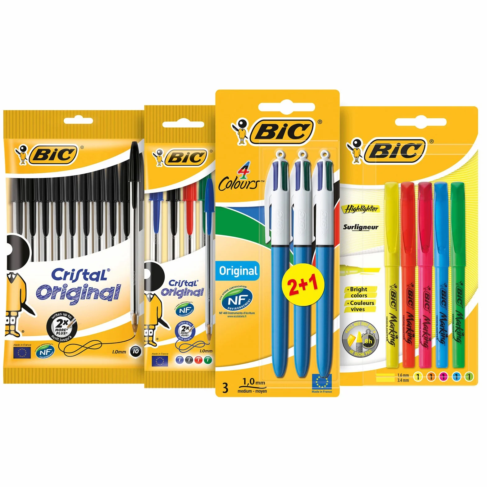 BIC Kit Les Essentiels 22 Pièces Stylos 4 Couleurs Highlighter Cristal Original