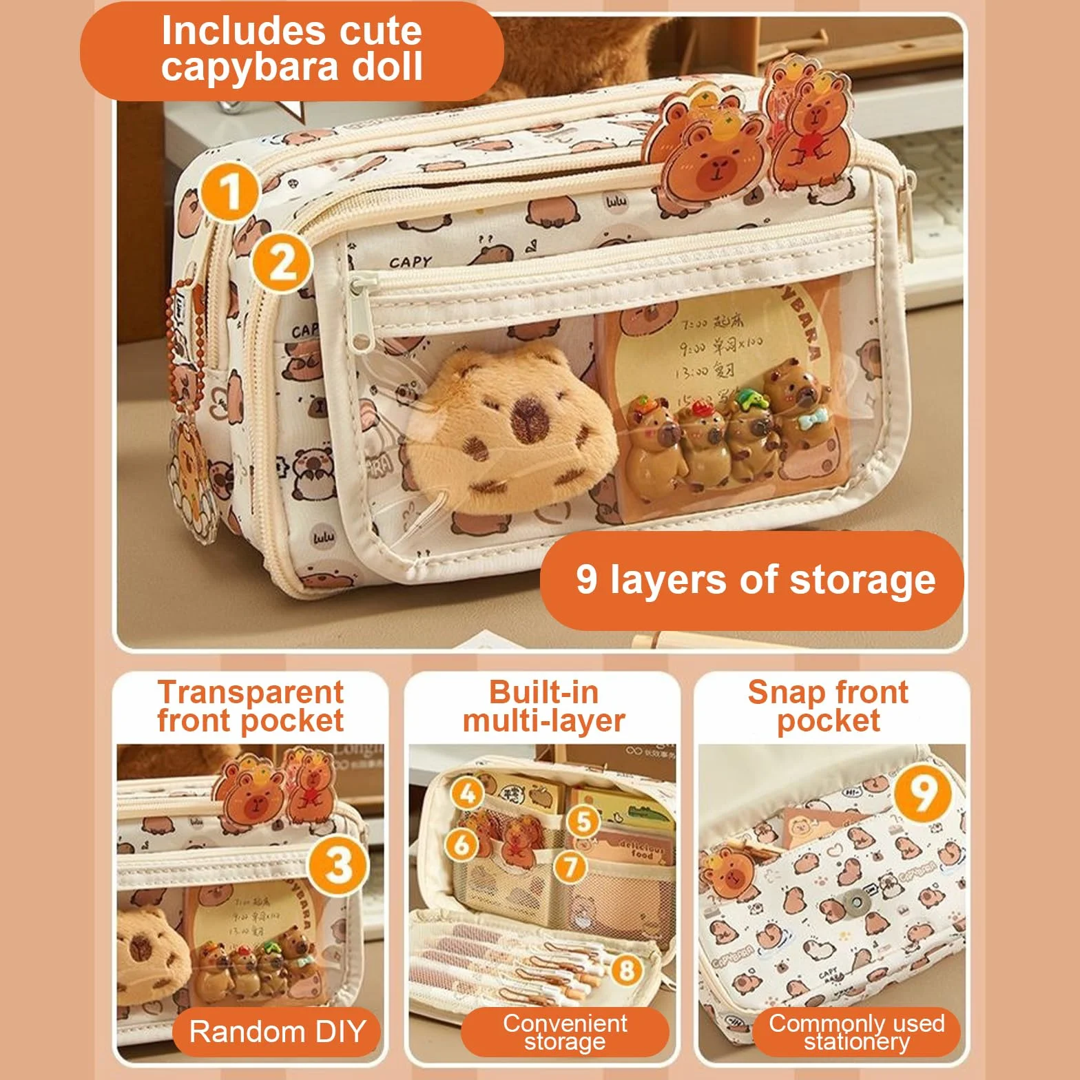Capybara Kawaii Trousse à Crayons 58 Pièces Papeterie avec 9 Compartiments pour Bureau Scolaire Étudiants