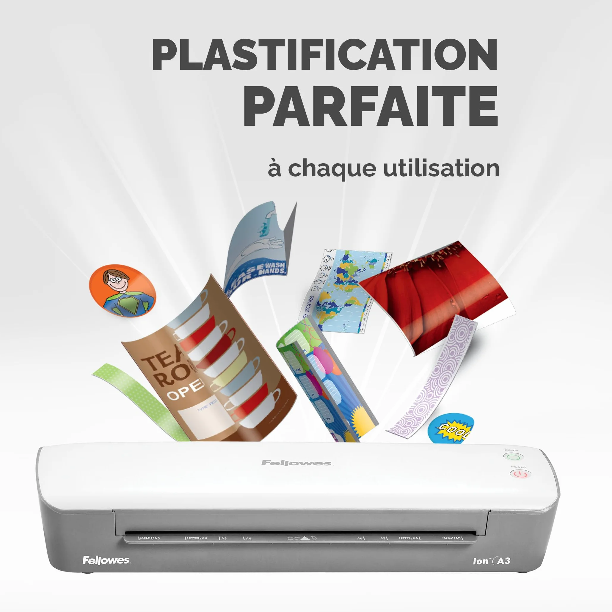 Fellowes Plastifieuse Ion A3 80-125 microns 30 cm/min temps de chauffe 4 minutes avec 10 pochettes