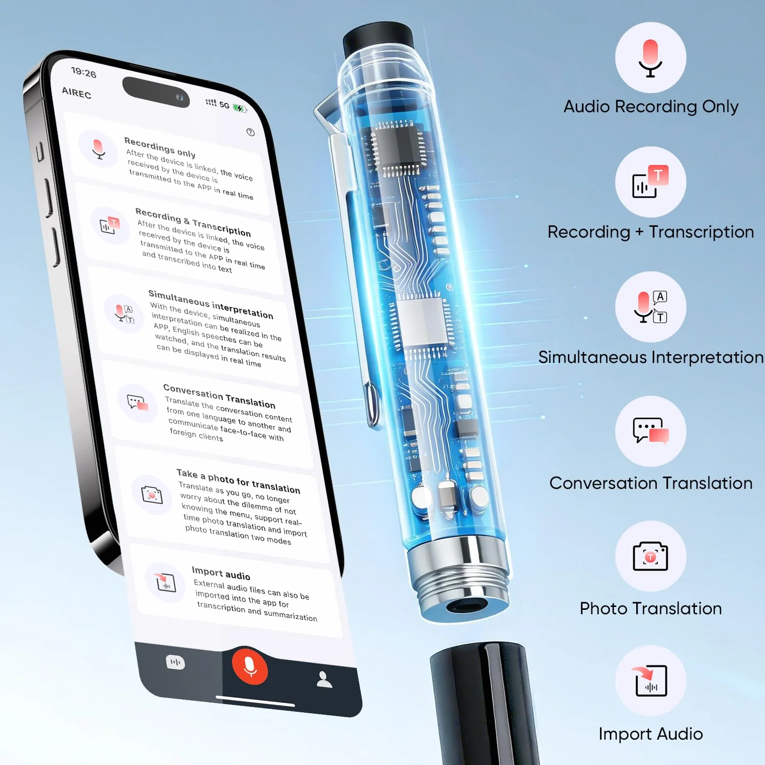Stylo Enregistreur Vocal IA 64 Go Transcription Traduction Temps Réel Dictaphone APP Cloud Illimité Micro 360° Réduction Bruit Autonomie 10h