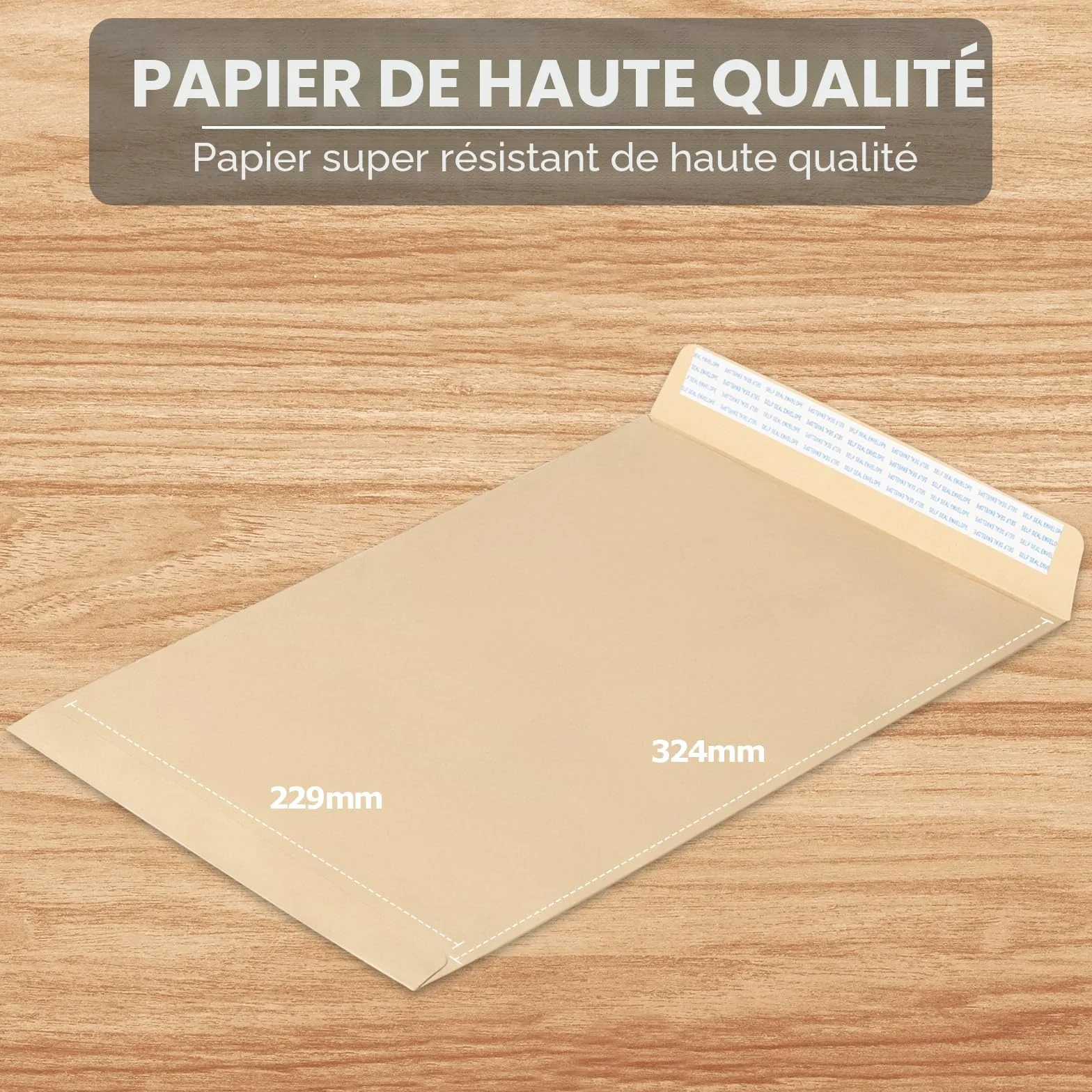 Kiperline Lot 50 enveloppes DIN C4 Marron 229 x 324 mm 90 g sans fenêtre scellement droit fermeture adhésive