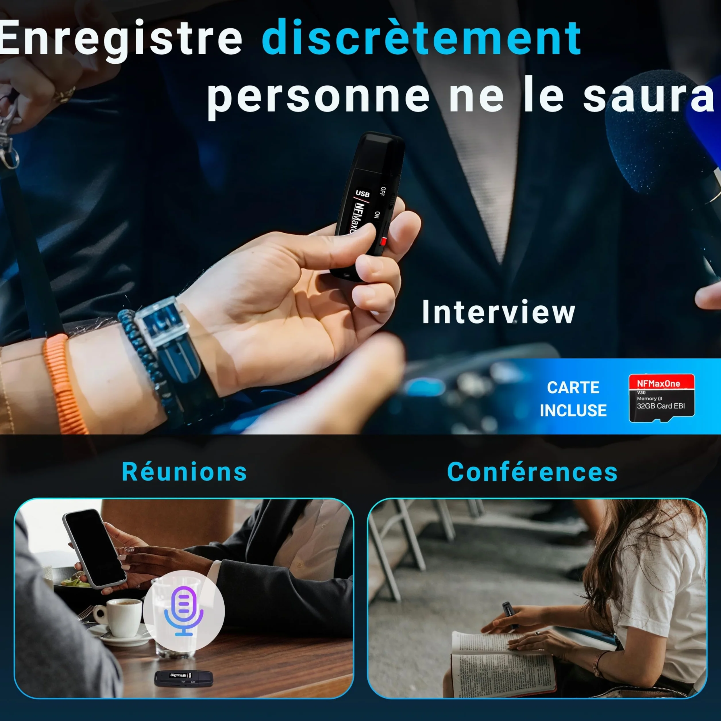Enregistreur Vocal Espion Numérique 32 Go Mini Audio Réunions Interviews Cours USB Portable 500 Heures