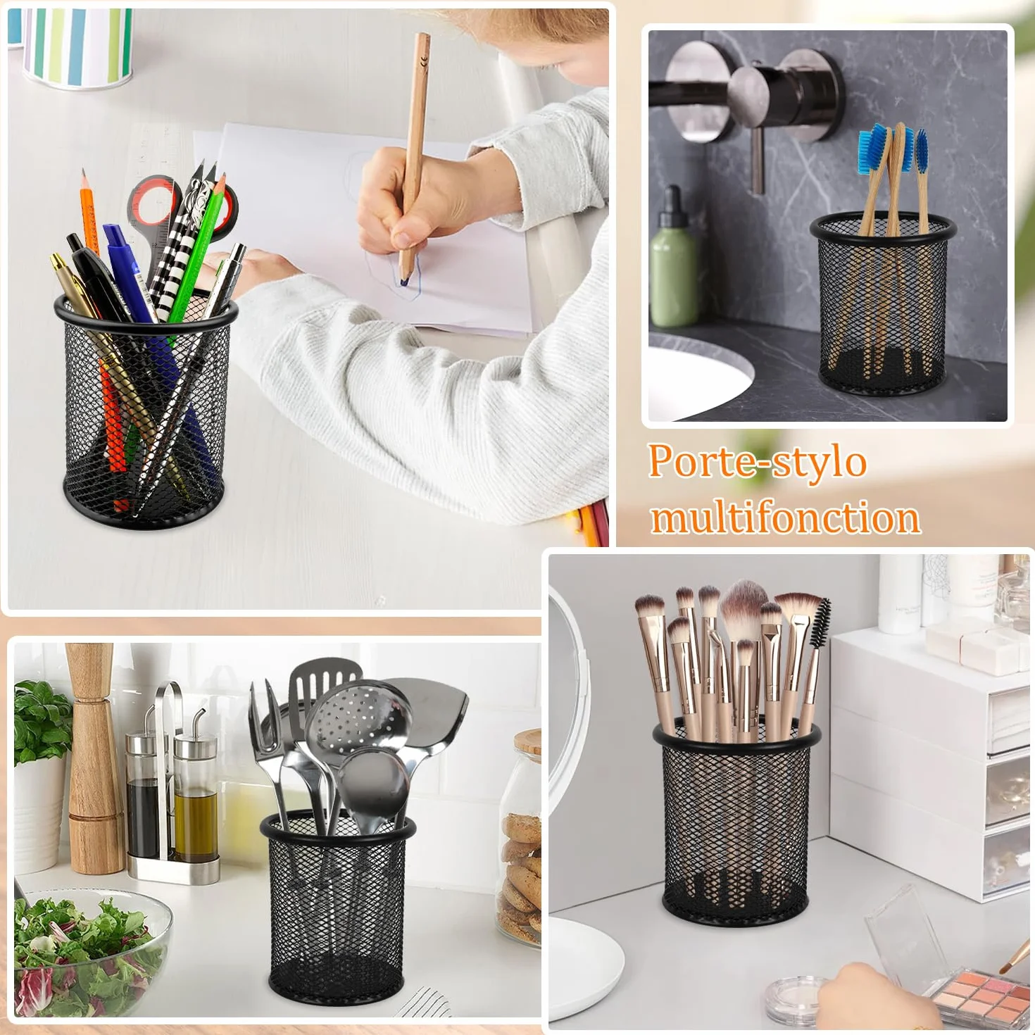 Porte Stylo en Métal Rond, Pot à Crayon Multifonction, Organisation Bureau Maison, Noir, DIFIT 4 PCS