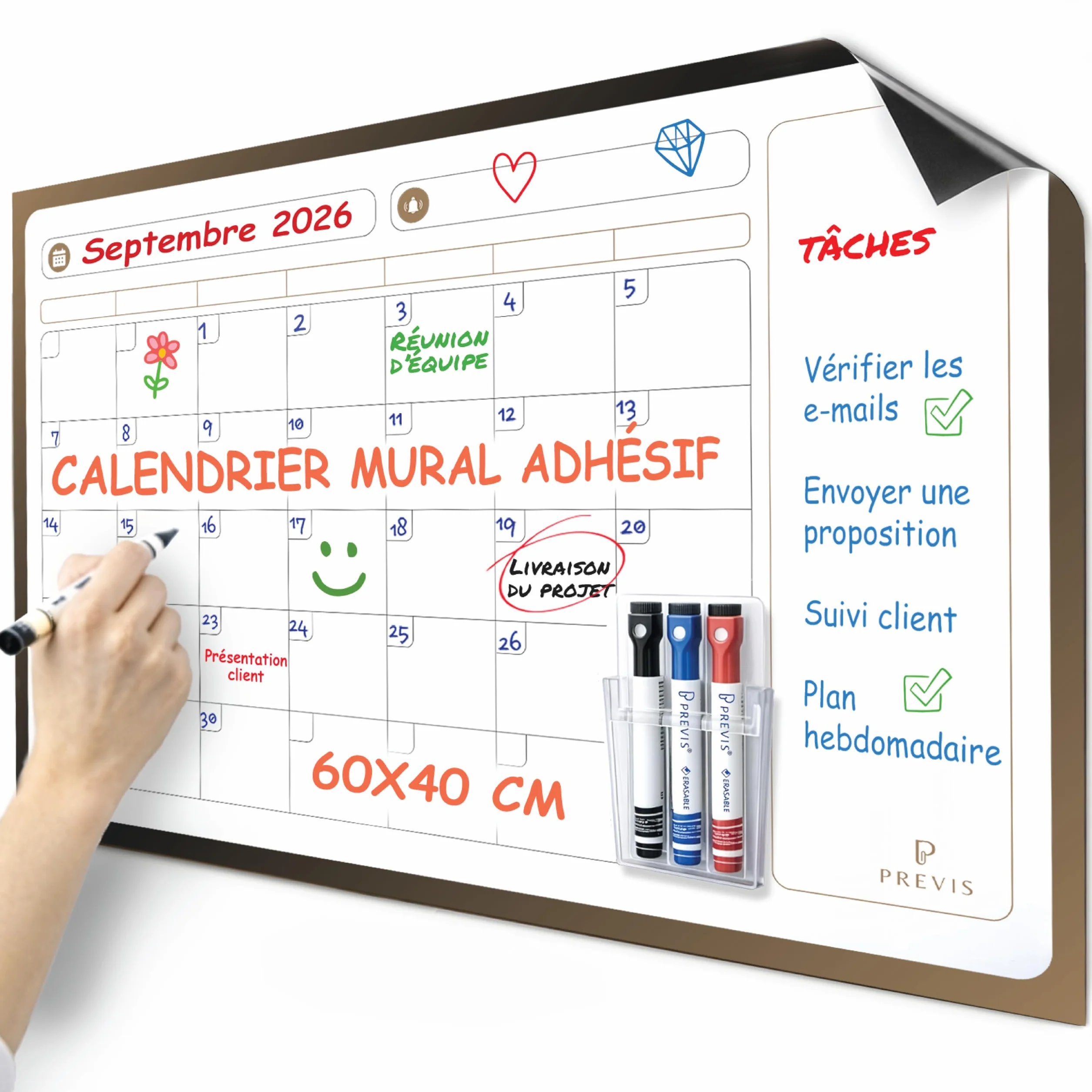 PREVIS Calendrier Mensuel Mural Effacable A2 60x40cm avec 3 feutres - Tableau Organisateur Mural Planning Mensuel 2025 Grand Format Familial