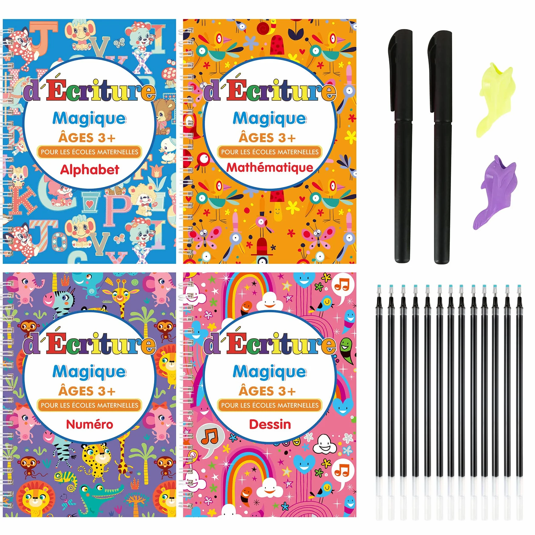 Larcenciel Grand Cahier Écriture Magique Français, 4 Livres Calligraphie Enfant Réutilisable avec Stylos Recharges, Cahier Vacances Maternelle CP CE1