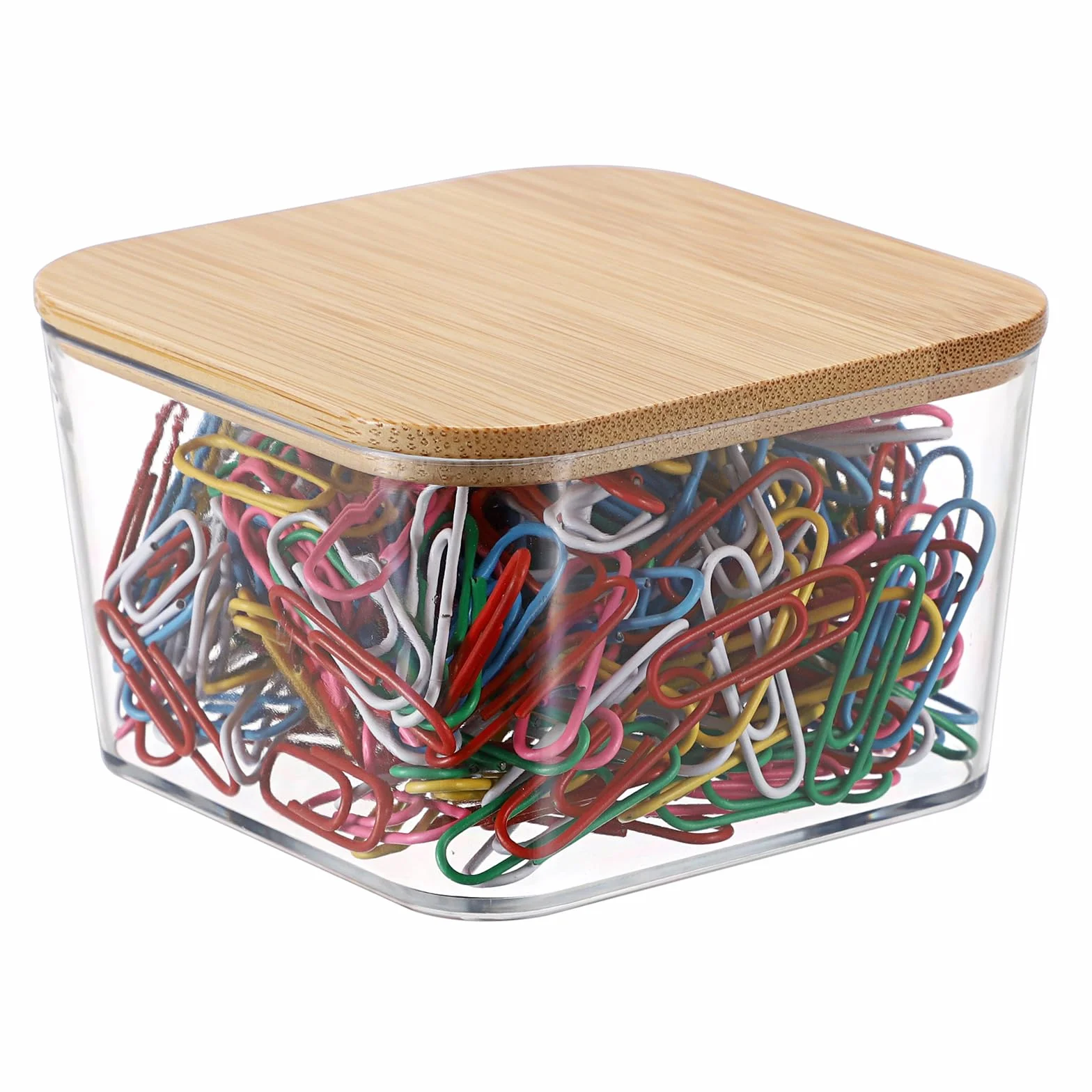 Organisateur de bureau Distributeur de trombones boîte en plastique couvercle bambou 7,7 cm