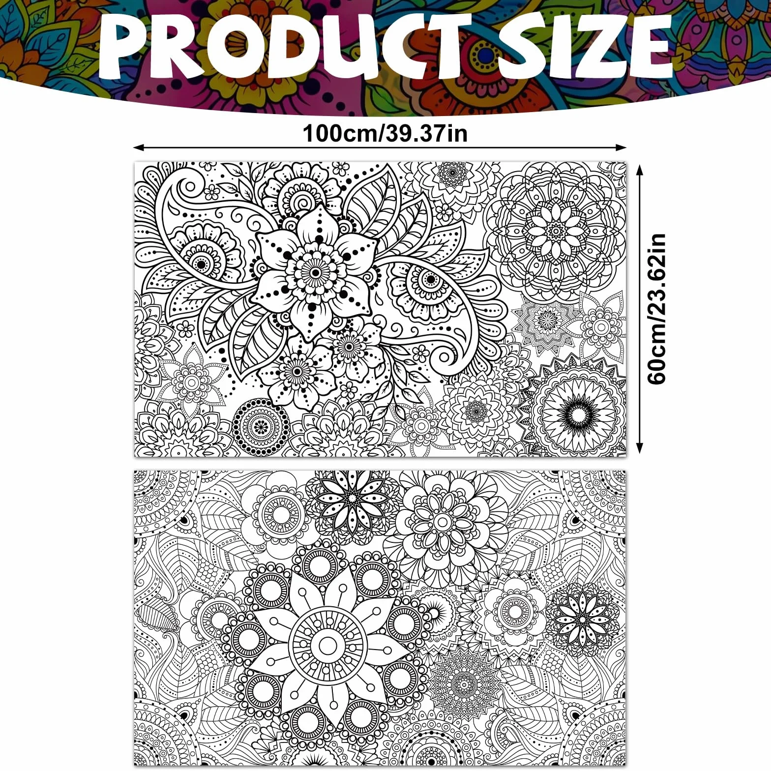 Penitue 2pcs Grandes Affiches de Coloriage Mandala 100x60cm pour Enfants Adultes Adolescents