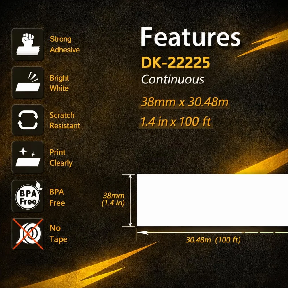 Yellow Yeti DK-22225 etykiety ciągłe 38mm x 30,48m Brother P-Touch QL-500