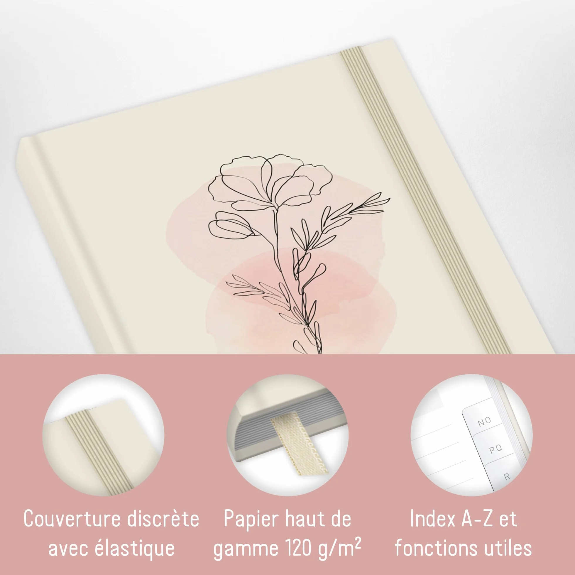 Livre de mots de passe A6+ avec onglet A-Z "Dainty Flower" pour 320 données d'accès, gestionnaire de mots de passe petit