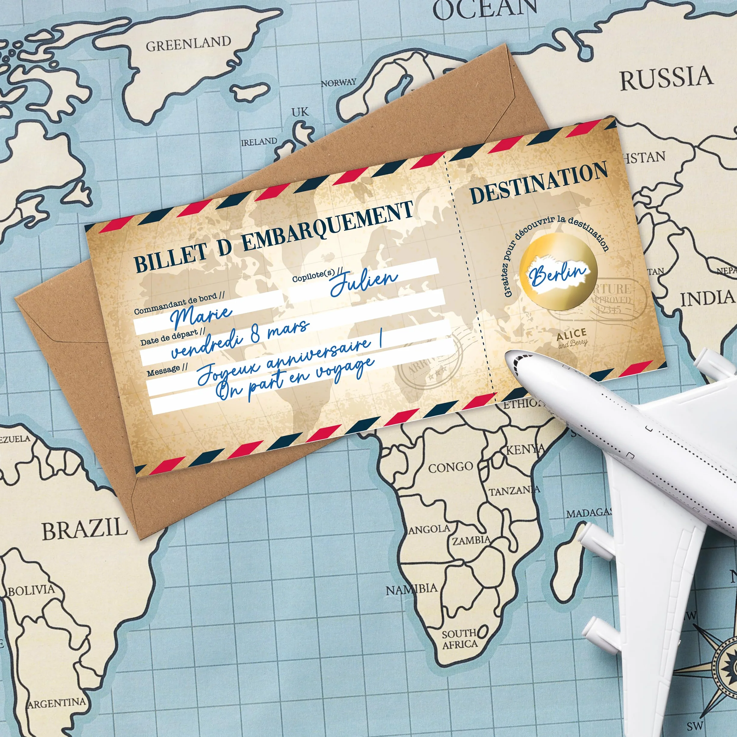 Carte à gratter Voyage Surprise personnalisable Billet d'avion Road Trip Vintage