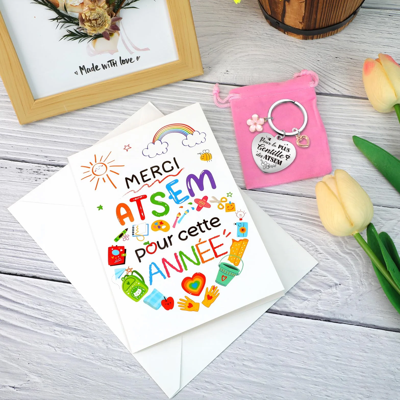 Carte Merci ATSEM Fin d'Année avec Enveloppe Porte-Clé Cadeau Maternelle
