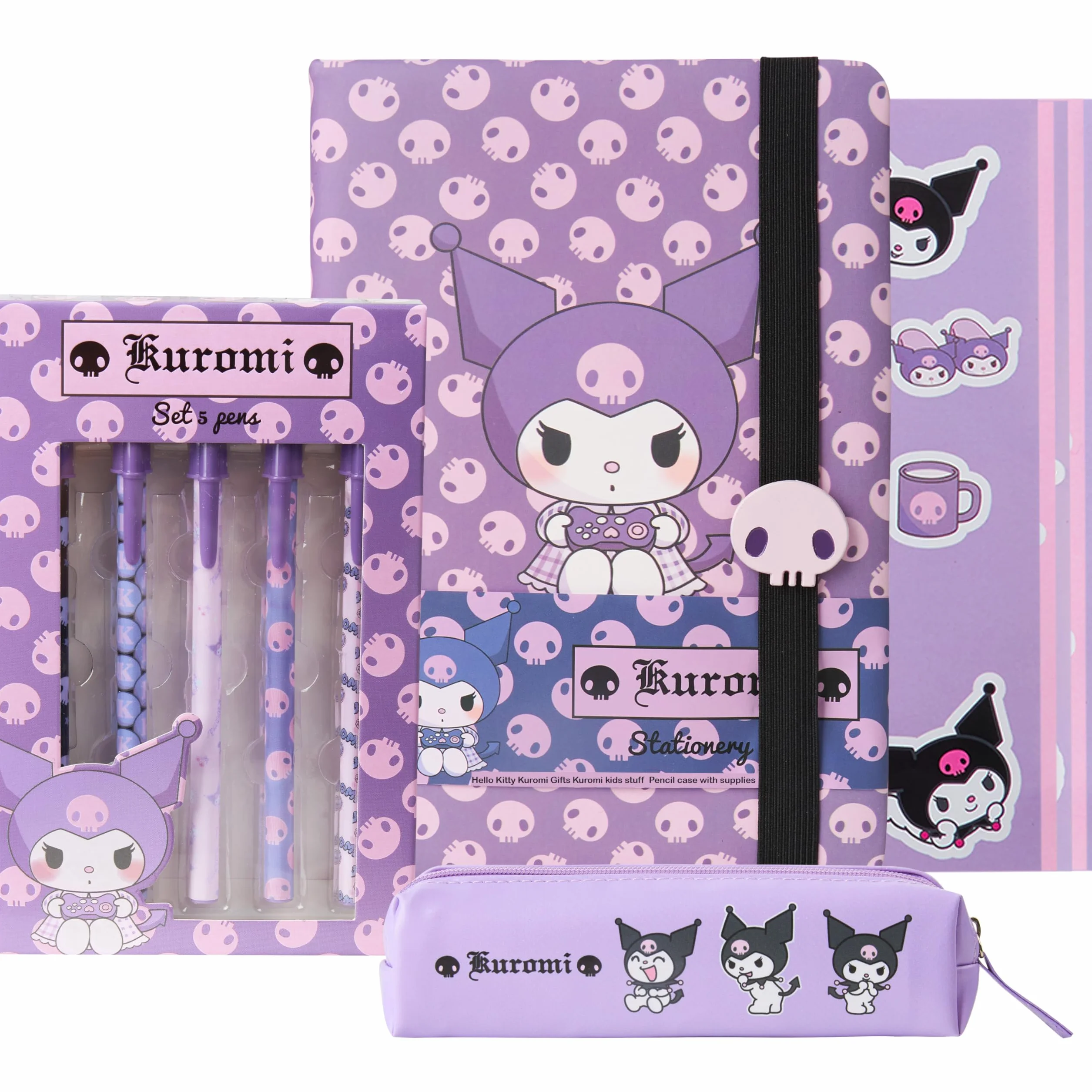Sanrio Hello Kitty Kuromi Set Papeterie Cahier Trousse Kawaii Autocollants Stylos Bille Violet