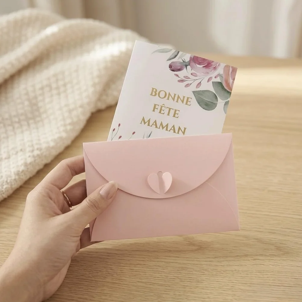 Carte de Vœux Bonne Fête Maman avec Enveloppe Nacrée Fermoir Cœur Motif Floral Aquarelle - Cadeau Fête des Mères