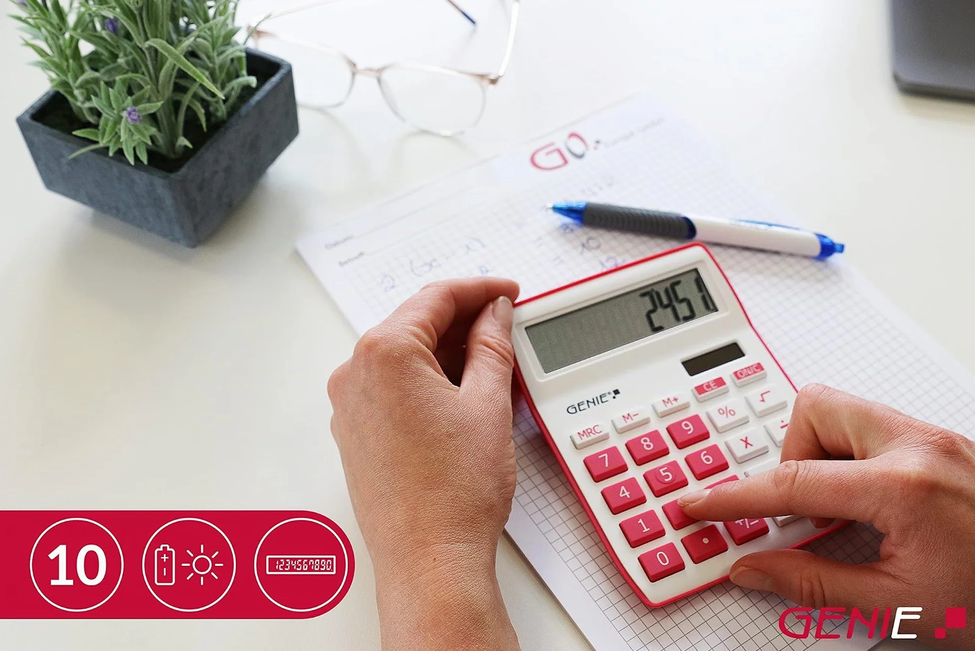 Genie 840 P 10 chiffres calculatrice de bureau double alimentation solaire batterie design compact rose