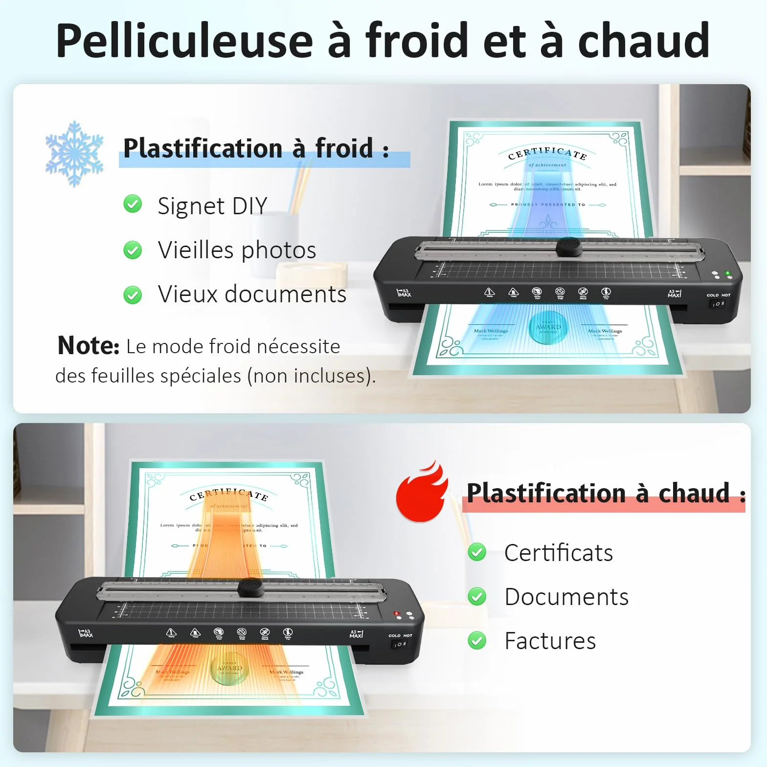 Plastifieuse A3 Thermique et à Froid, Préchauffage Rapide sans Bourrage, pour A4 A5 A6 Maison Bureau