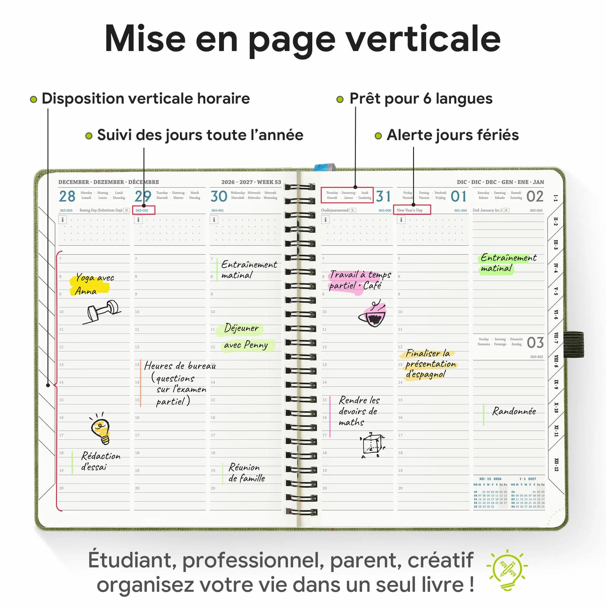 Agenda Semainier 2026-2027 A5 Couverture Souple PU Cuir Spirale Bleu ciel 18 Mois Scolaire Vertical Planner