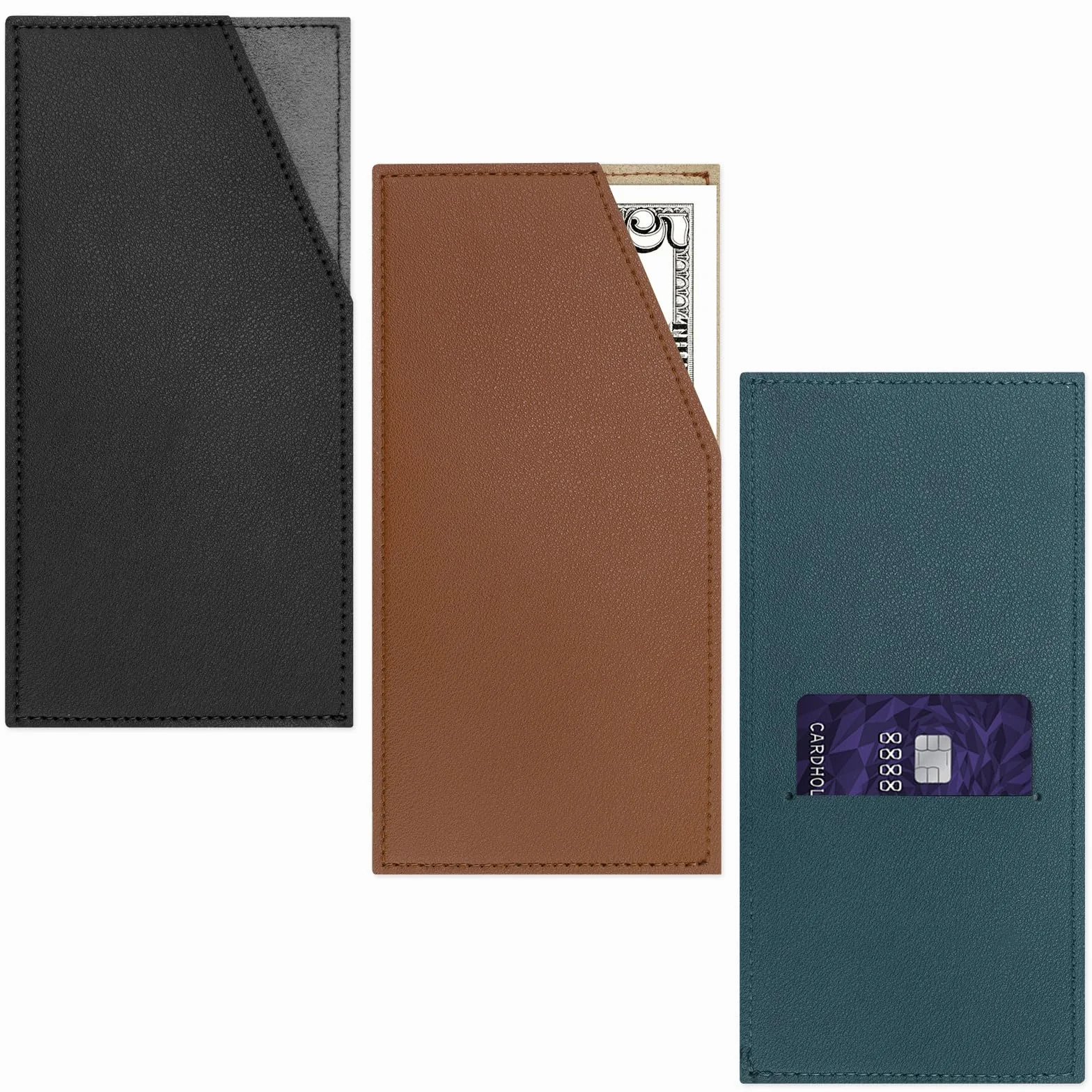 Lot de 3 portefeuilles fins en cuir synthétique pour billets et cartes, Noir + marron + vert foncé