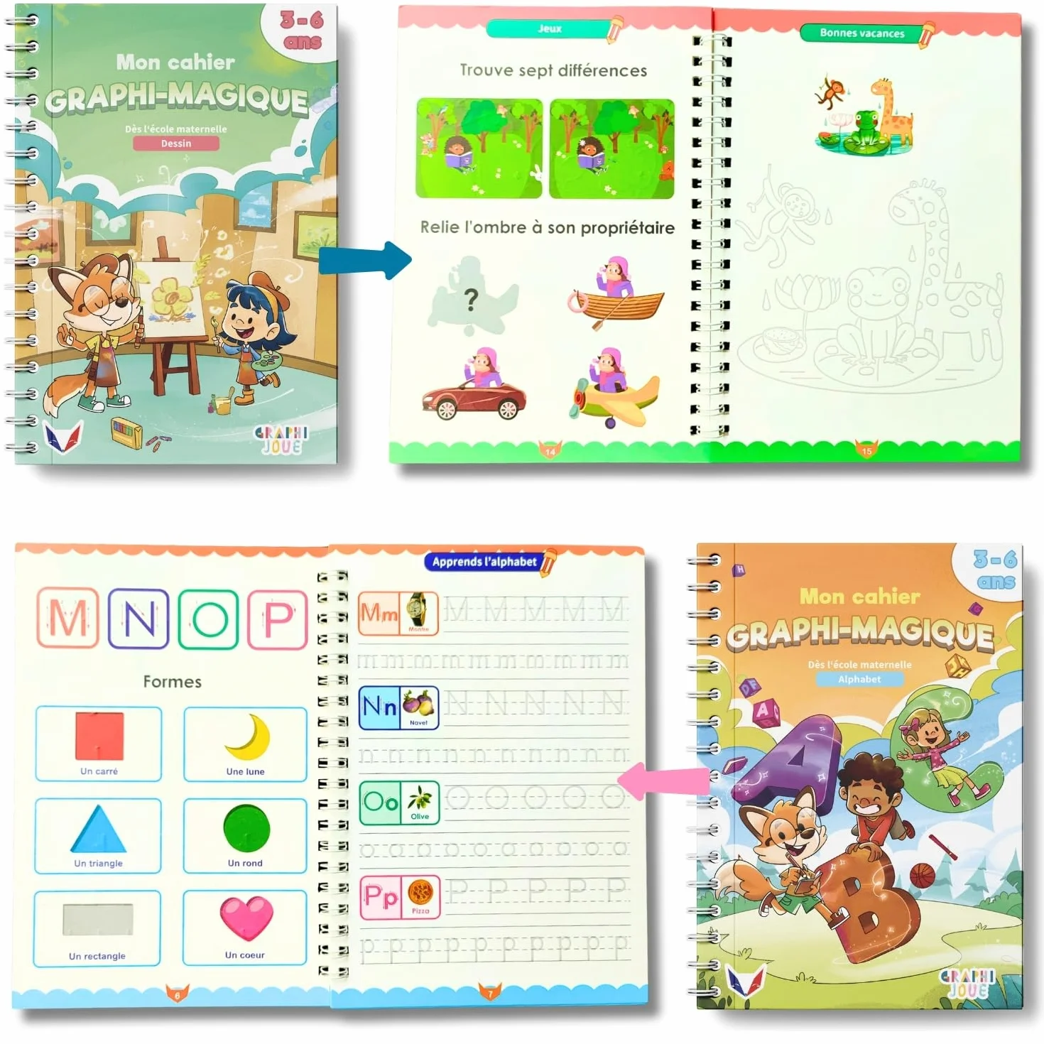 Kit Calligraphie Enfant 4 Cahier Écriture Maternelle CP Alphabet Chiffres Dessin Stylo Magique Effaçable Recharges Guide Doigts