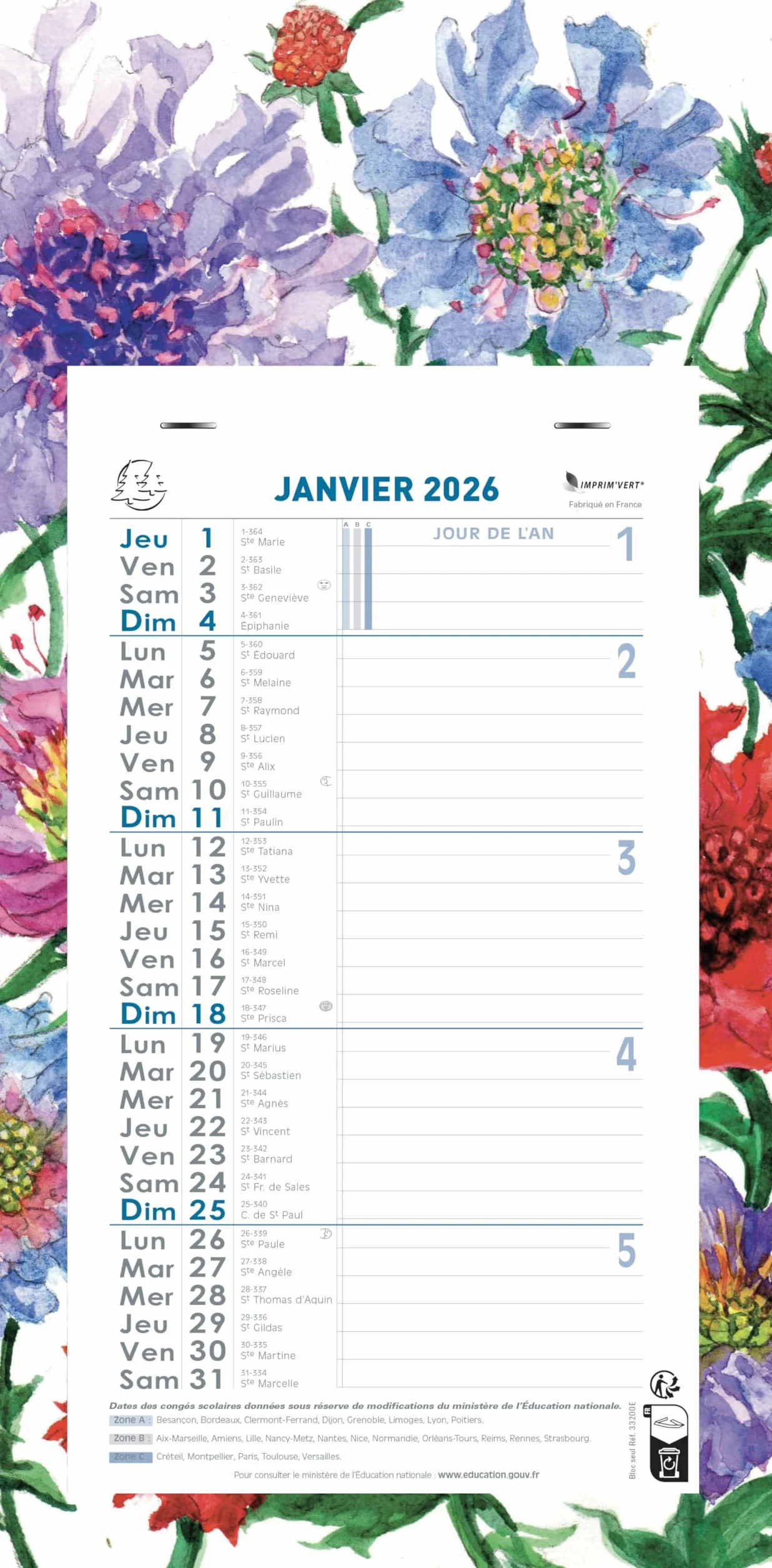 Exacompta Calendrier mensuel 2026 13 x 23 cm feuillets détachables support plaque imprimée Fleurs 16 x 33 cm