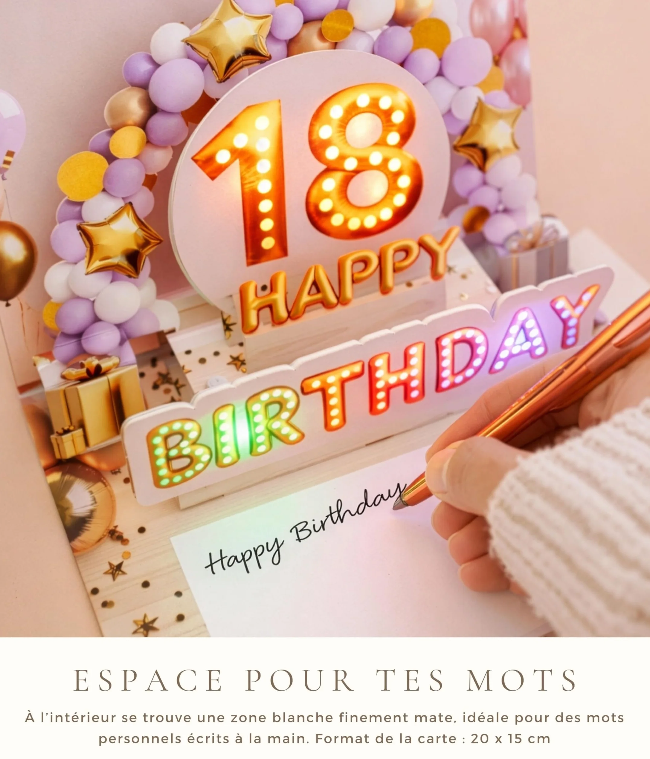 Carte anniversaire 18 ans pop up 3D avec musique et lumière – pour fille, enveloppe et autocollant sceau – 20 x 15 cm