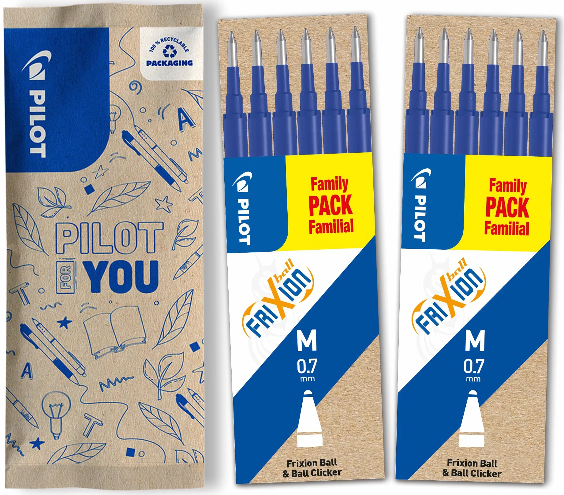 PILOT FriXion Recharges Stylo Effaçable 2 Etuis de 6 Bleu Pointe Moyenne Compatibles FriXion Ball Clicker