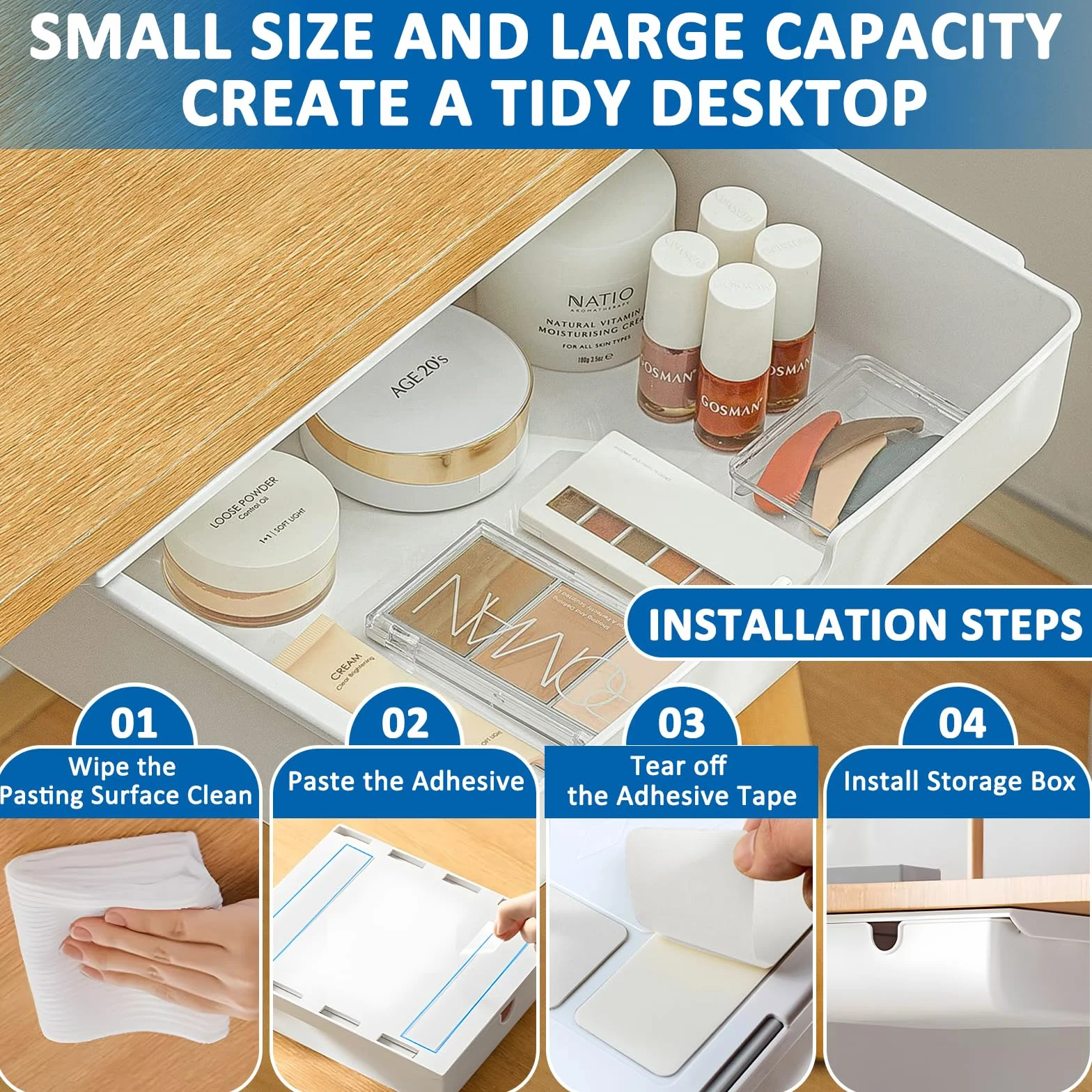 Lot de 2 Tiroirs de Rangement Autocollants, Sous Organisateur de Bureau, Grande Capacité, Blanc