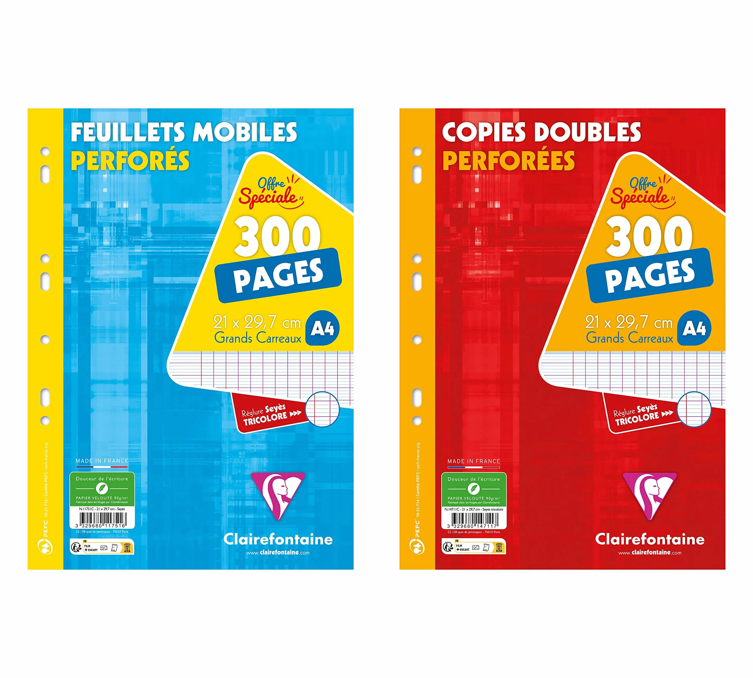 Clairefontaine Lot de 2 Paquets Copies Perforées A4 21x29,7 cm Grands Carreaux Papier Blanc 90 g 600 Pages