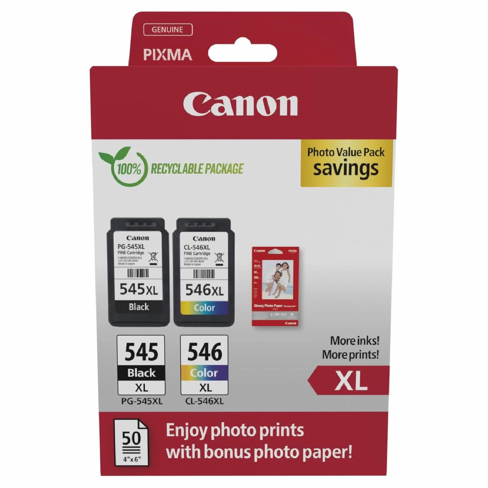 Canon PG-545XL CL-546XL Lot de 2 Cartouches d'encre Haut rendement Couleurs Noir Papier Photo 10x15cm