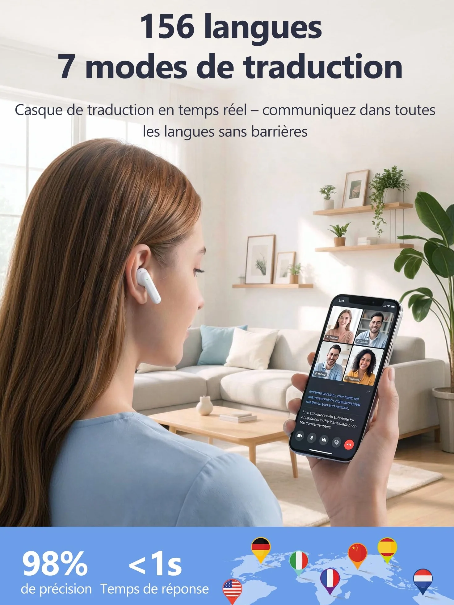AI Écouteur Traducteur Vocal Instantané 3 en 1 Oreillette Traduction Anti-bruit ENC Écran LCD Tactile 156 Langues 7 Modes EQ Commande Photo à Distance