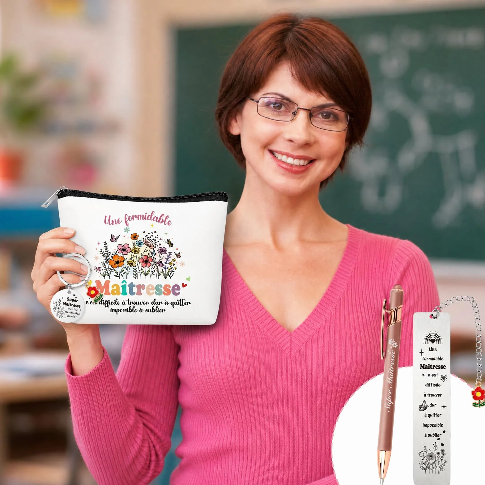 HOWAF Trousse Maîtresse d'École Cadeau Set avec Porte Clef Stylo Bille Marque Page