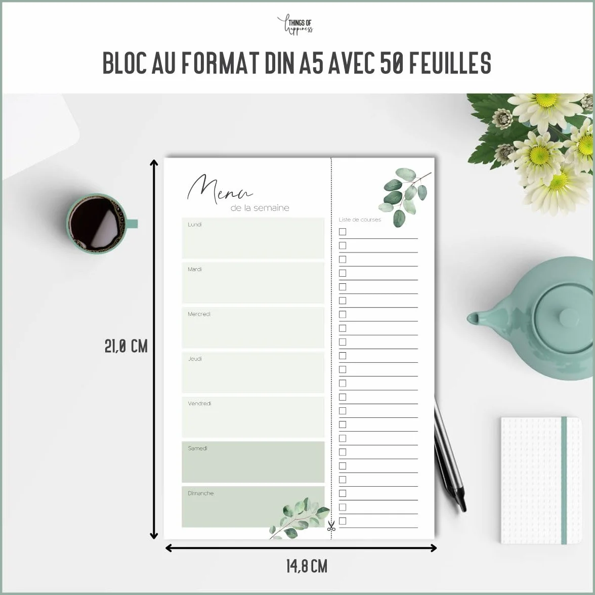 Planificateur de menus A5 Eucalyptus 50 feuilles Bloc de planification des repas
