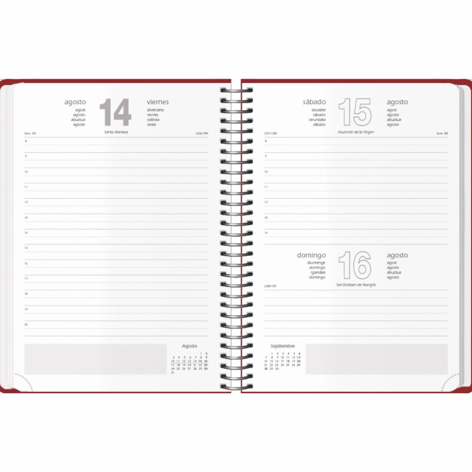 Agenda 2026 Jour par Page A5 14x20 cm Spirale Élastique 12 Mois Planificateur Annuel Espagnol Montana Bordeaux