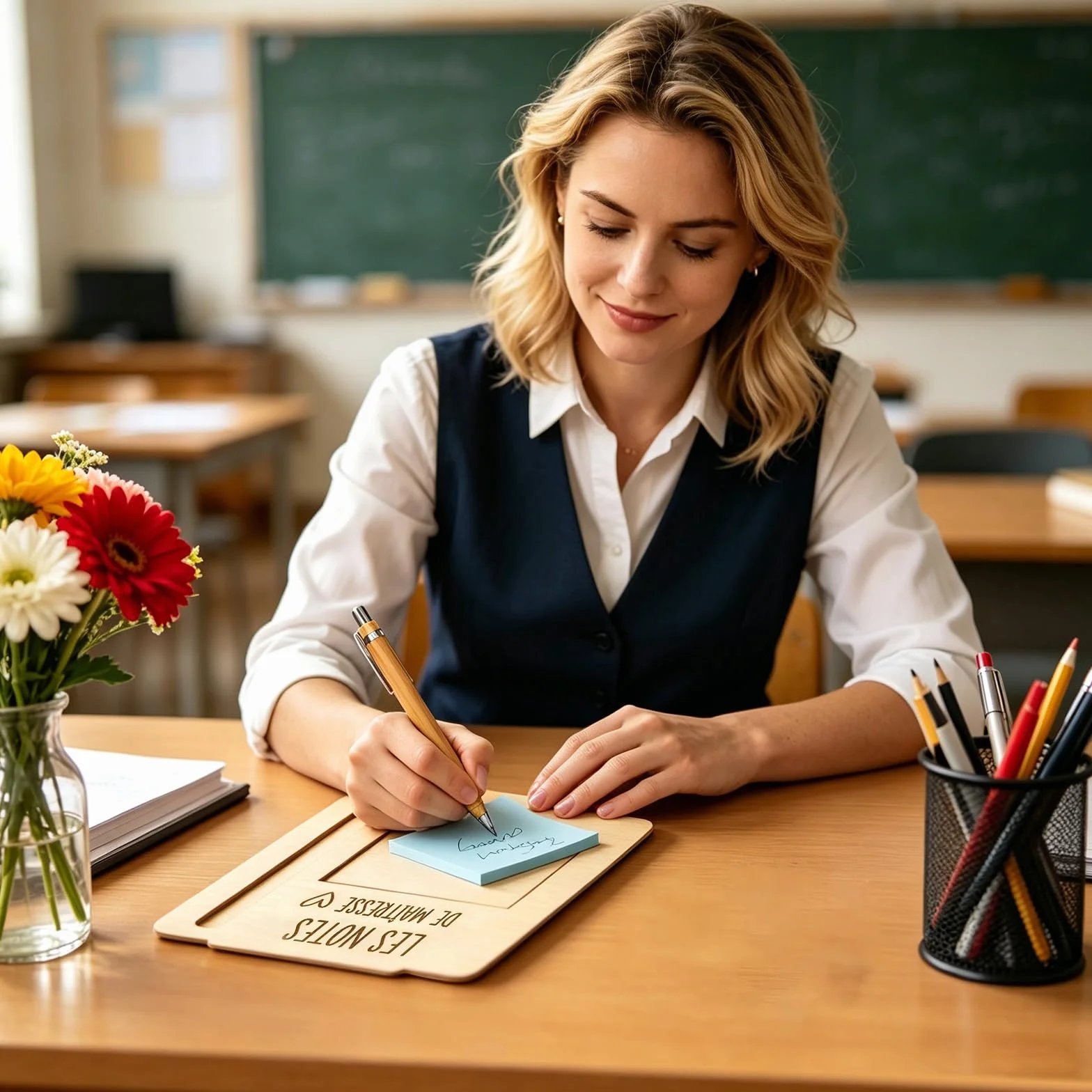 Ensemble 6 Pièces Porte-Notes En Bois Avec Stylos Et Pense-Bête, Cadeau Enseignante Original
