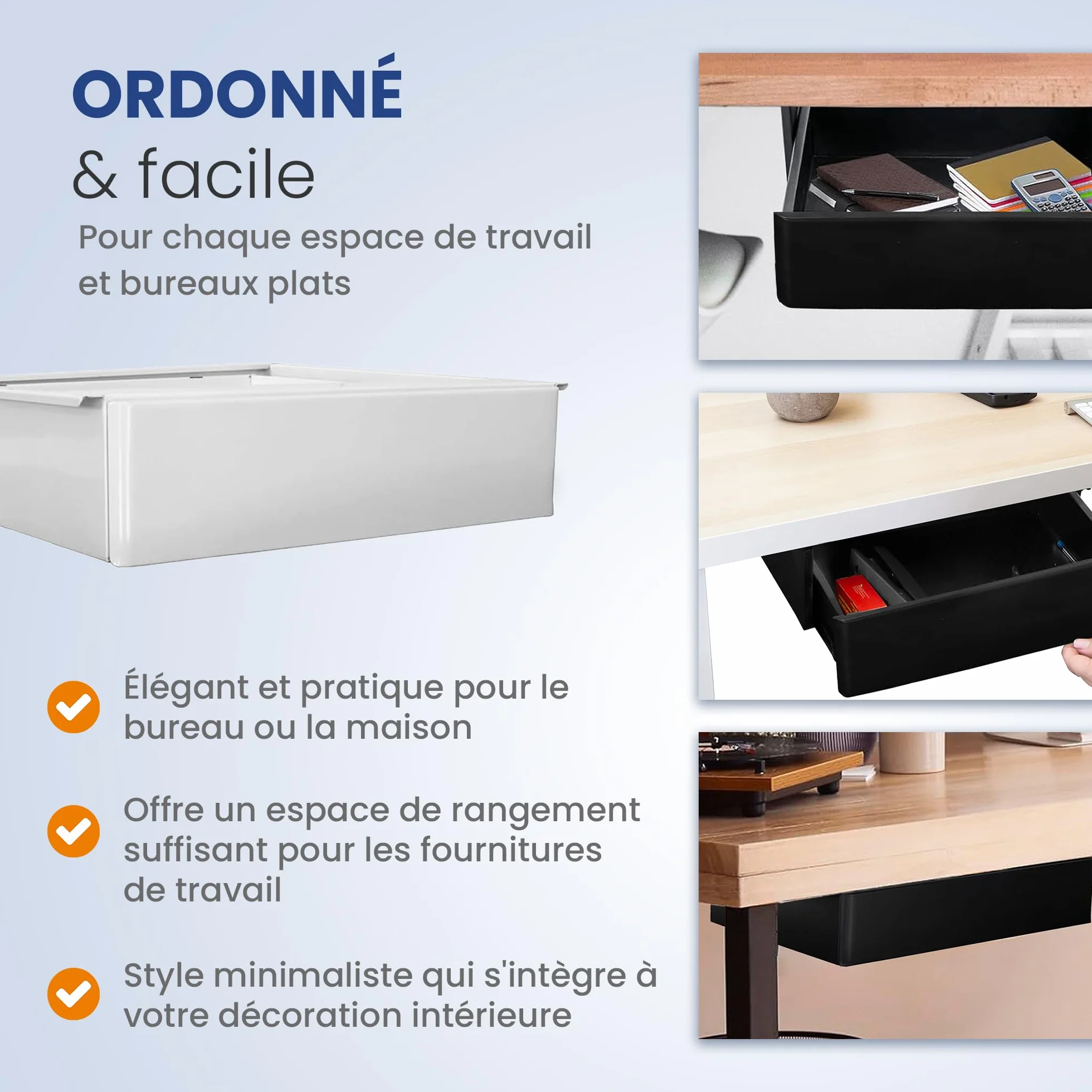 IVOL Tiroir de Bureau Blanc 42 x 41 x 10 cm - Sous Bureau en Métal - Extensible
