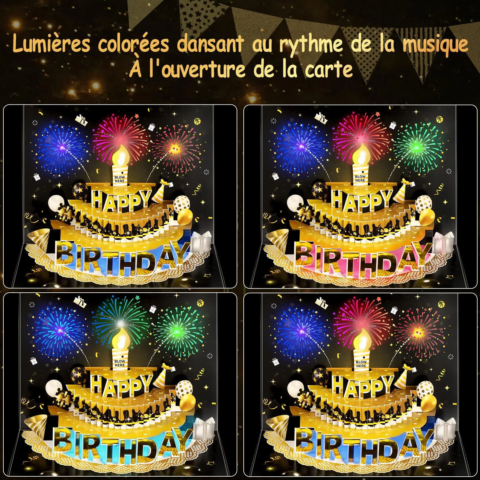 Carte d'anniversaire pop-up 3D avec lumières et son, bougie LED soufflée, carte musicale chantante Noir et doré