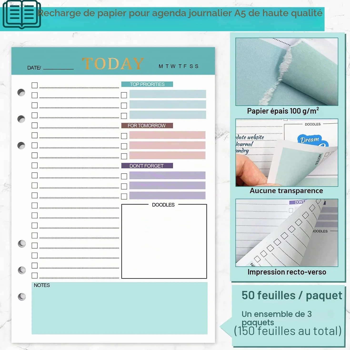 A5 Rechargeable Daily Planner 3 Paquets 150 Feuilles To Do List Non Daté Vert