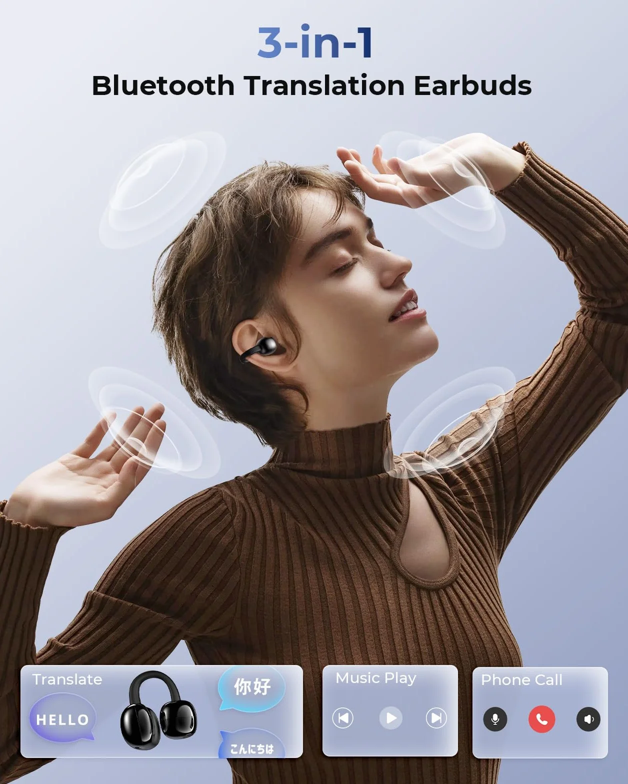 Kentfaith AI Écouteur Traducteur Instantané 150 Langues Bluetooth 6.0 Noir