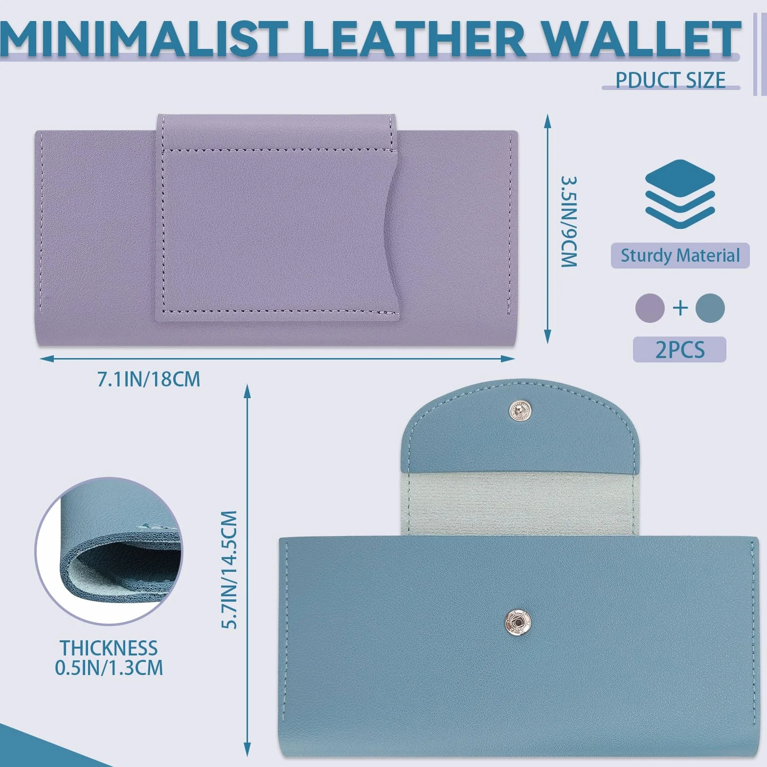 Portefeuille en cuir synthétique lot de 2 enveloppes à 2 fentes pour espèces, organiseur d'argent, porte-cartes de crédit, bleu + violet