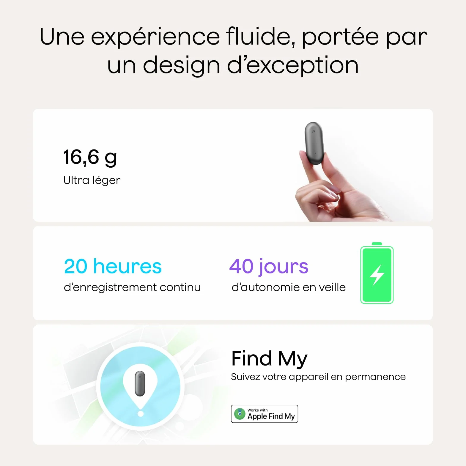 Plaud NotePin Enregistreur Vocal IA 64Go Dictaphone Transcription Résumé Compatible 112 Langues Gris
