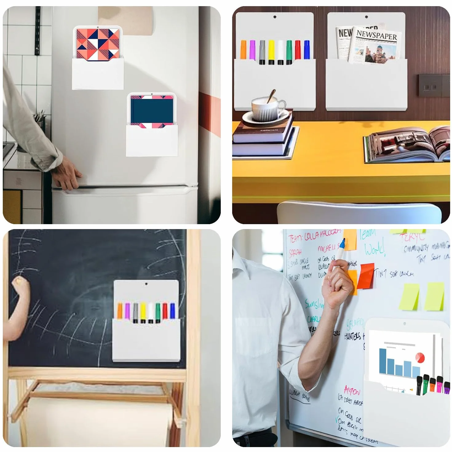 Porte-documents magnétiques A4 Lot de 2, Porte-papiers avec aimants puissants, Rangement bureau, Blanc