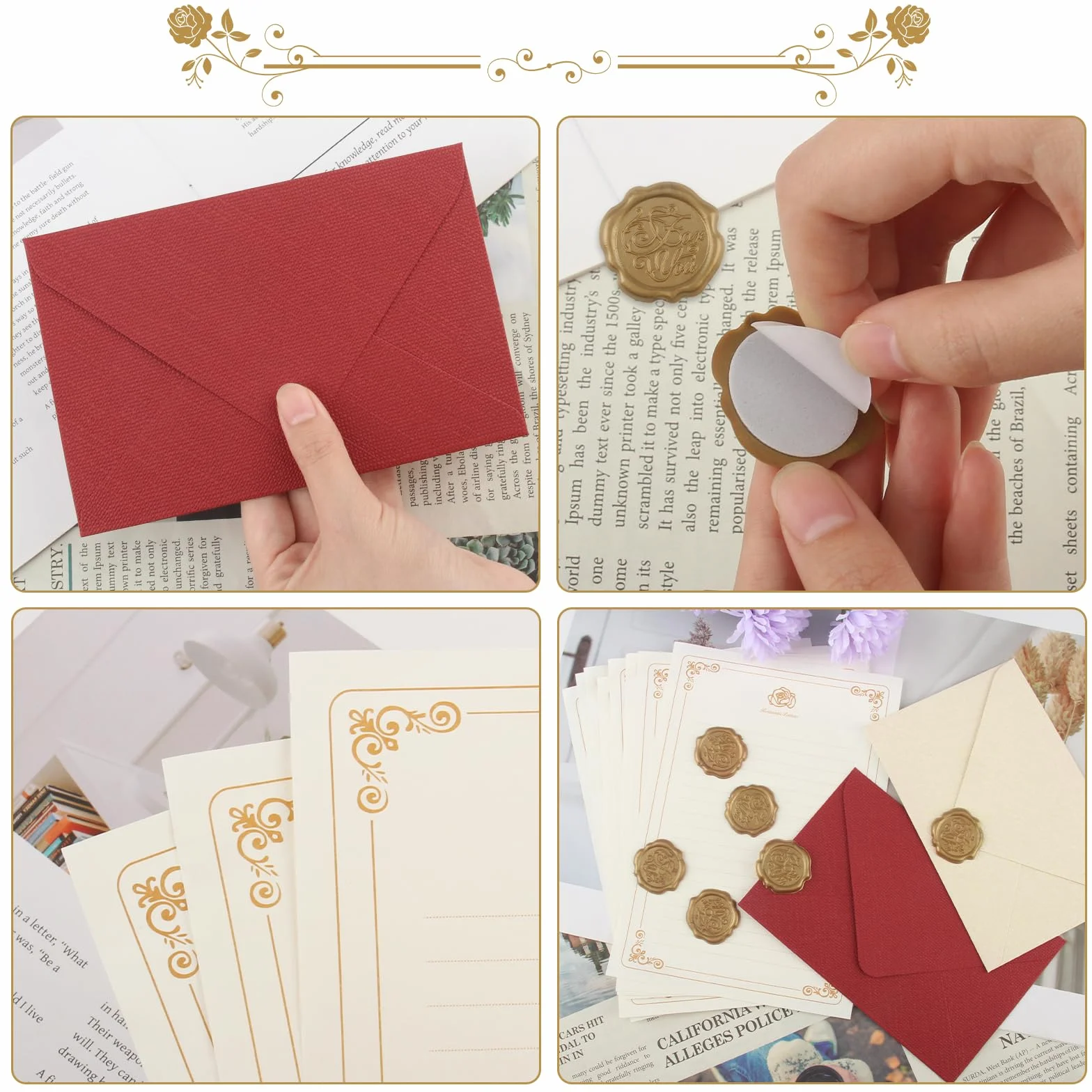 Vintage Lin Enveloppe Papier à Lettre et Sceau Ensemble de Papeterie 44 Pièces