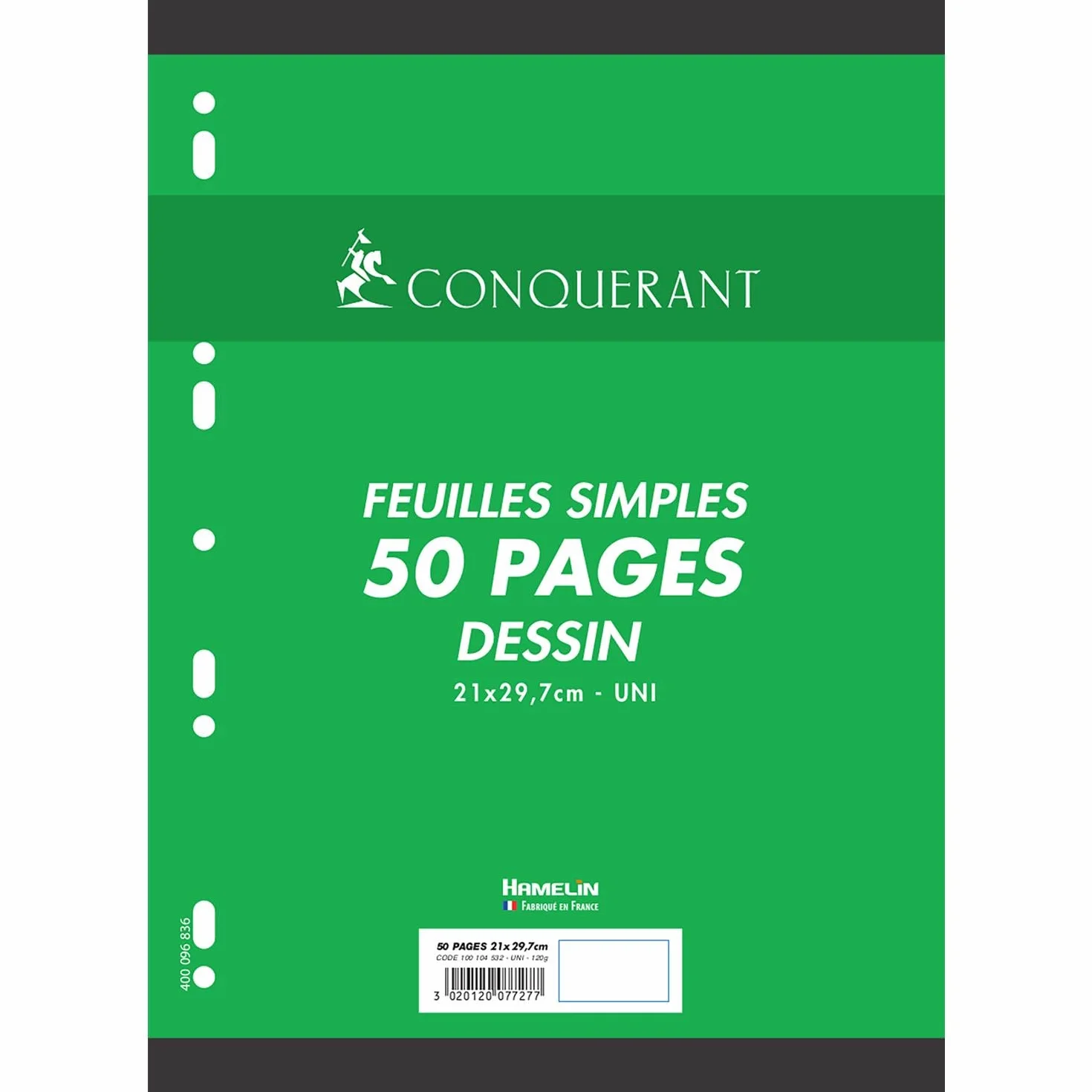CONQUÉRANT 92076 Feuillet Mobile A4 210x297mm Papier Dessin 120g Perforé Blanc Lot de 50