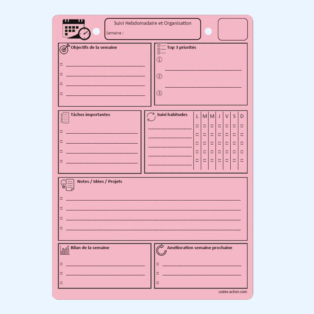 Planning Hebdomadaire A5 – Lot de 40 Fiches Bristol 160 g/m², Suivi Objectifs Tâches Habitudes, Organisation Productivité