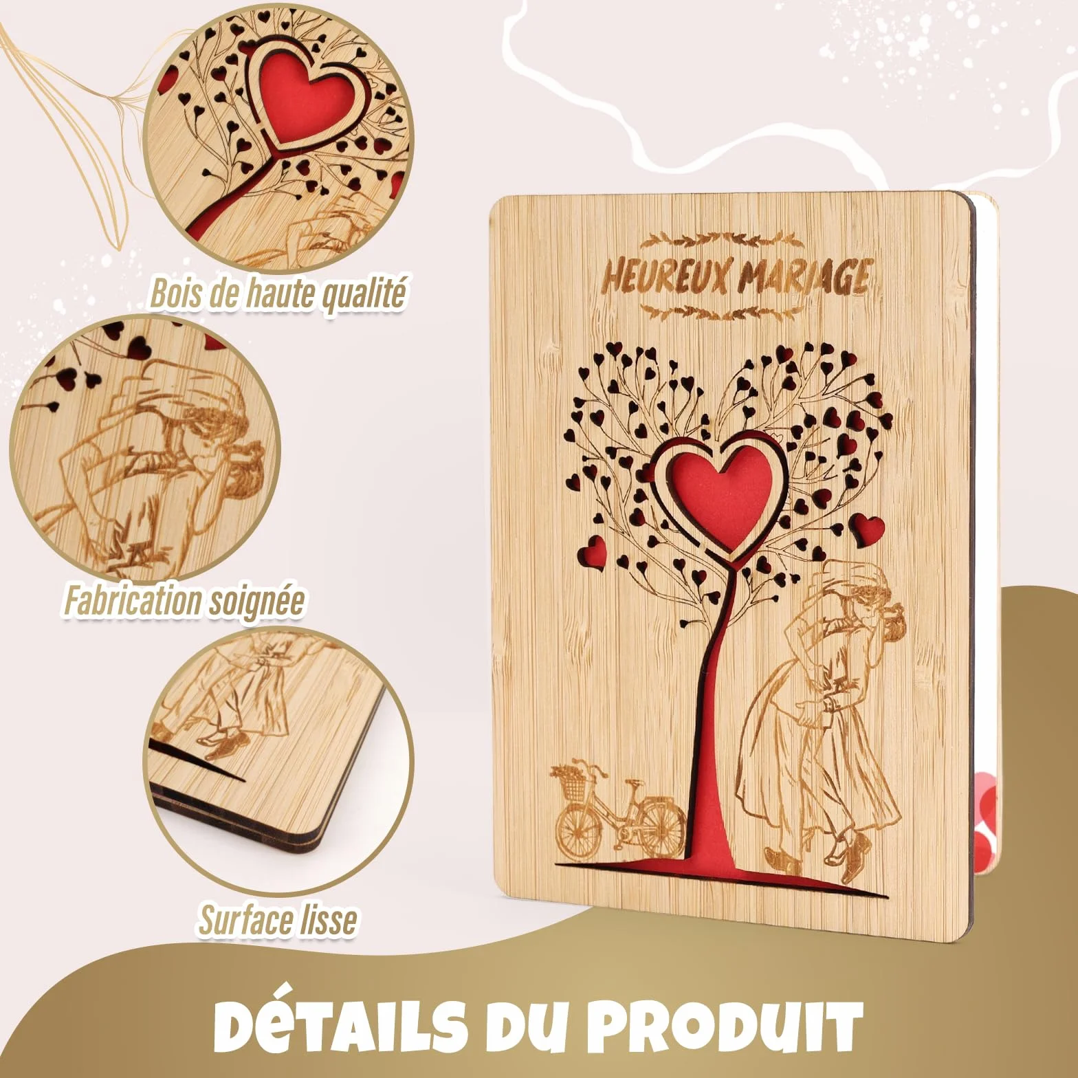 Carte Mariage en Bois avec Enveloppe 10x15 cm Cœur Cadeau Mariage Félicitation