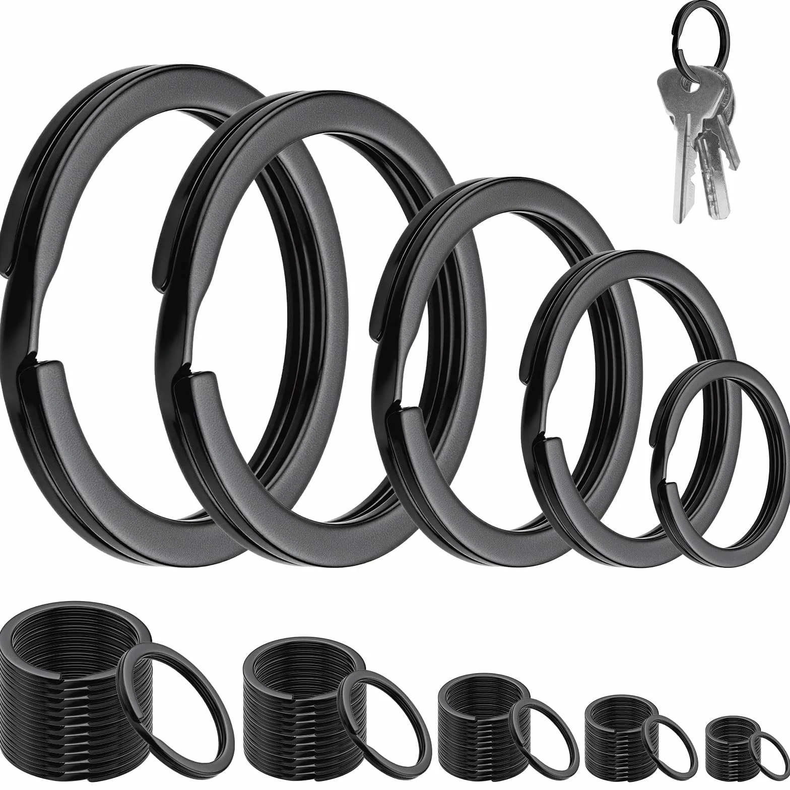 Anneau Porte-Clés 30mm 28mm 25mm 20mm 15mm 60 Pcs 5 Tailles Métal Noir