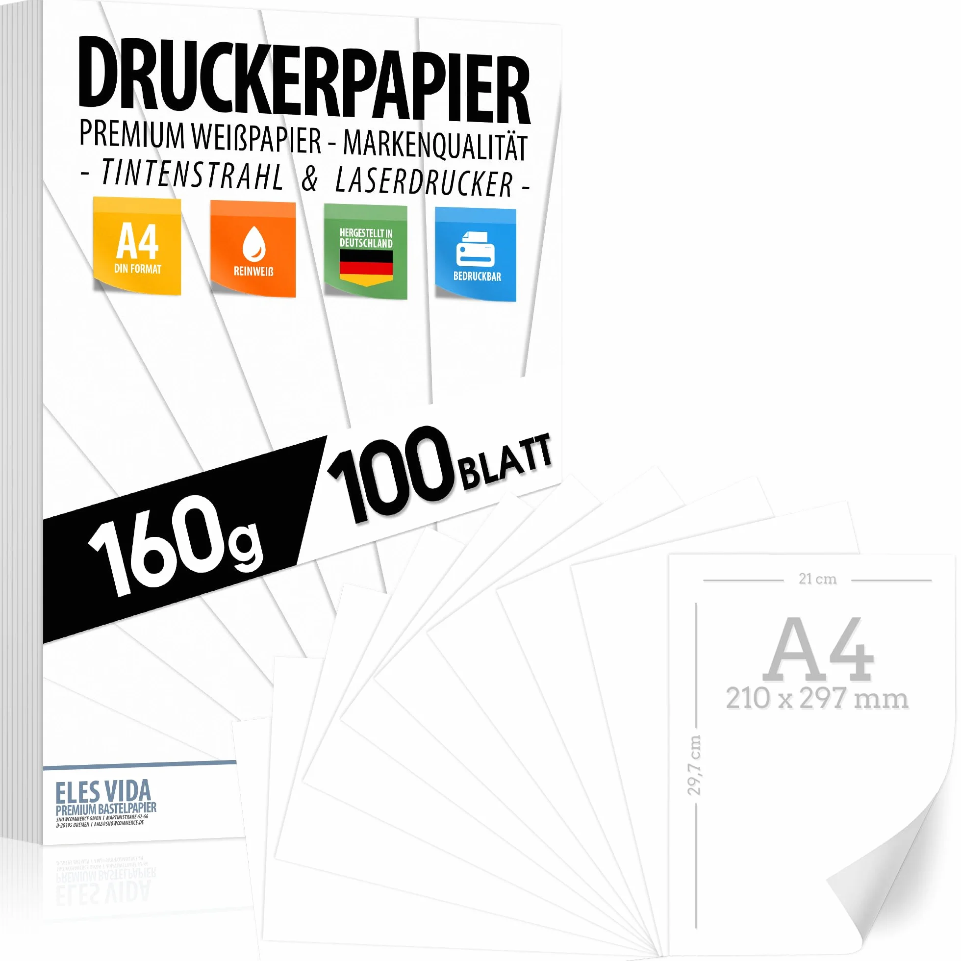 Papier pour imprimante 160g/m² A4 21x29,7 cm blanc pur premium Made in Germany