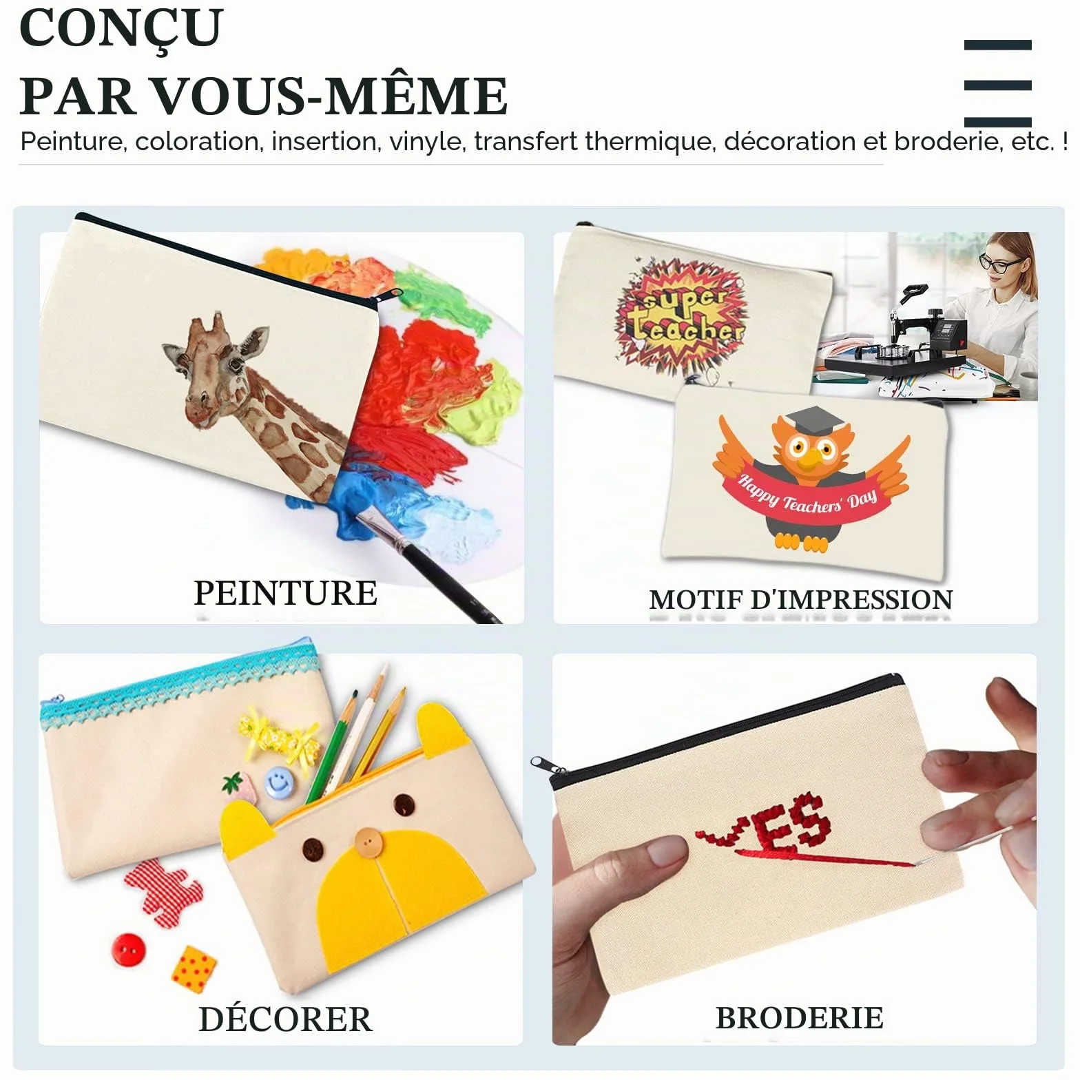 Lot de 20 Pochettes Zippées en Tissu pour Graffiti et Impression