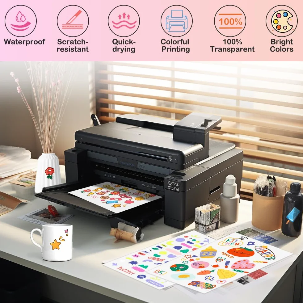 Papier Autocollant Transparent A4 12 Feuilles Vinyle Imprimable Étanche pour Imprimante Jet d'Encre
